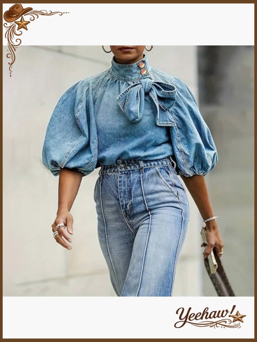 Women's Denim Pullover Top Bow Button Mock Neck Puff Sleeve Jacket - Picture 2 of 7
